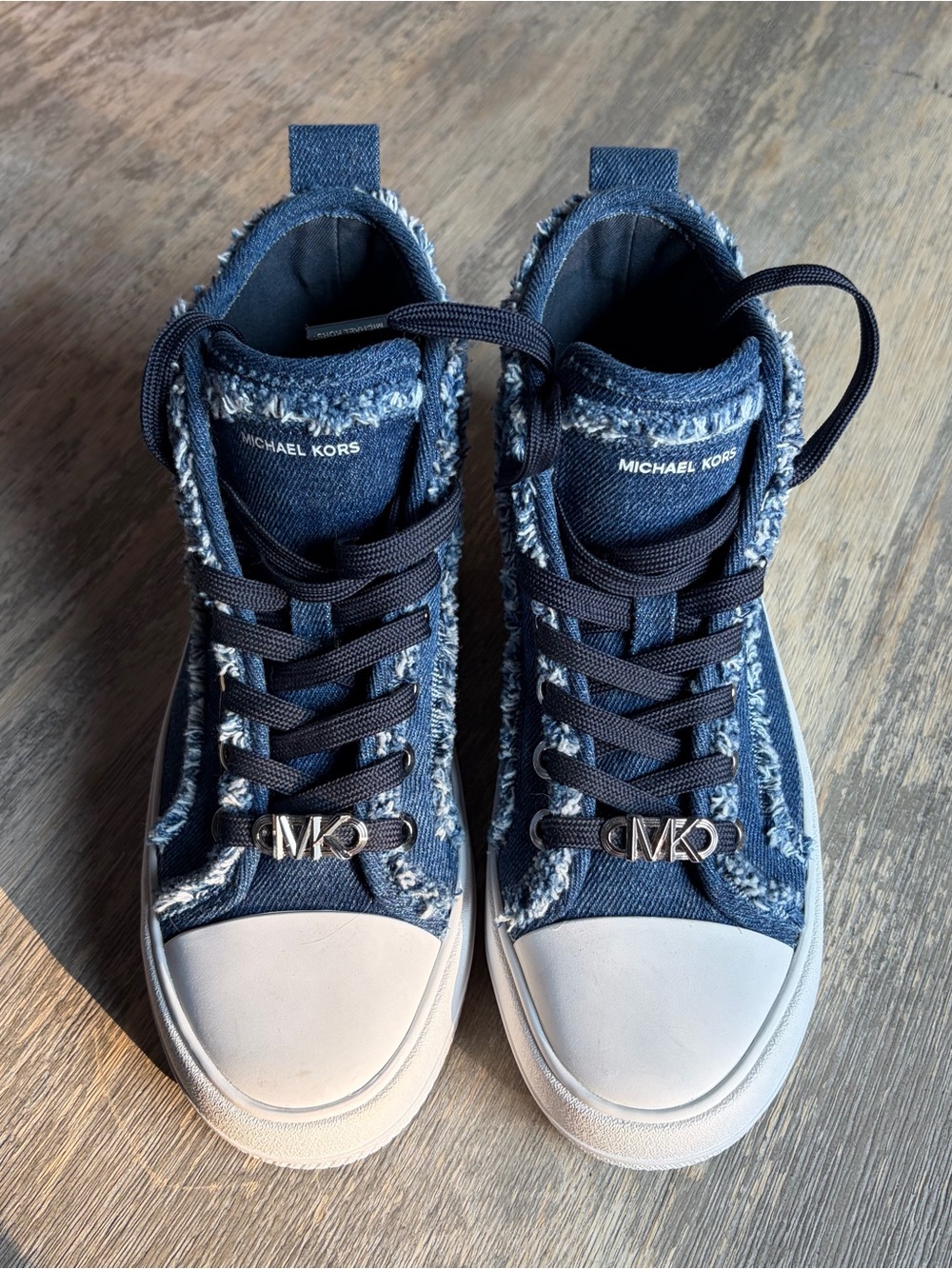 Michael Kors Women’s Denim Frayed High-Top Sneakers in Navy and White
